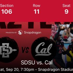 Two (2) Tickets SDSU Aztecs Football v. Cal Golden Bears 9/20/25 GREAT SEATS!