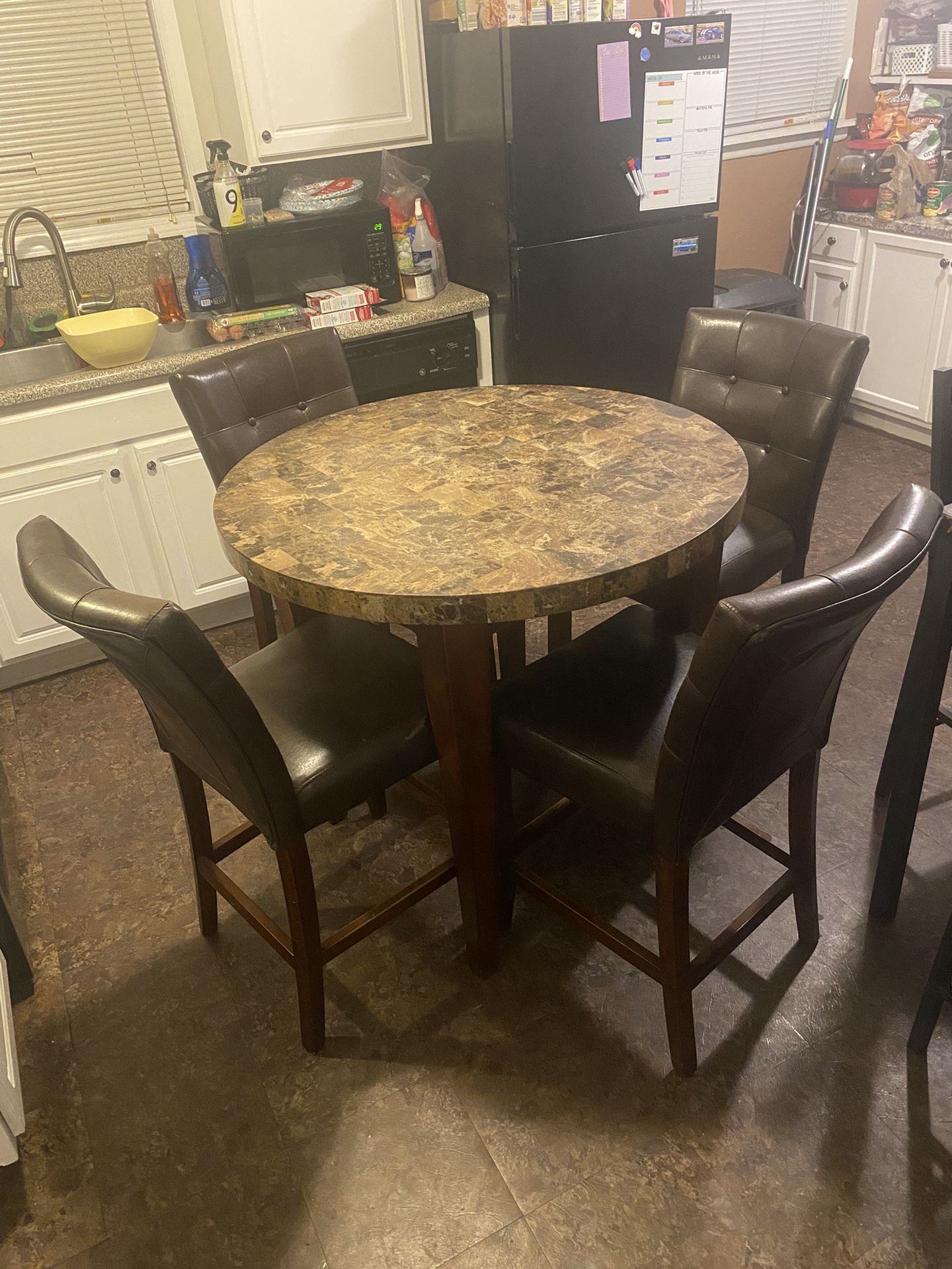 Beautiful Brownish Marble Granite Round Dining Table / With 4 Brown Leather Chairs & Love Chair + Footstool