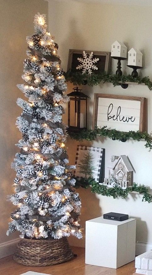 7 Foot Pre-lit Flocked Slim Christmas Tree