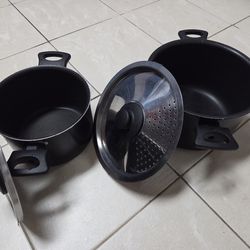 Two Stock Pots, 5 Liter, 3.5 Liter, with Lids, Non-Stick Coating, IKEA Brand - Excellent Condition