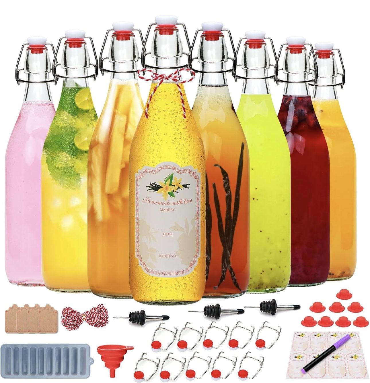 8 Set,Flip Top Glass Bottle,32oz Glass Bottle with Airtight Lid, Kombucha Bottles with Sealed Rubber Lid for Oil, Beer, Soda Water, Vinegar, Lemonade,