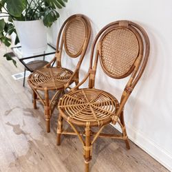Set Of 2 Vintage Bamboo French Style Parisian Cafe Rattan Wicker  Accent Chairs boho  natural 