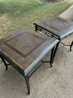 Pair of Wrought Iron End Tables with Inlaid Geometric Slate Tops