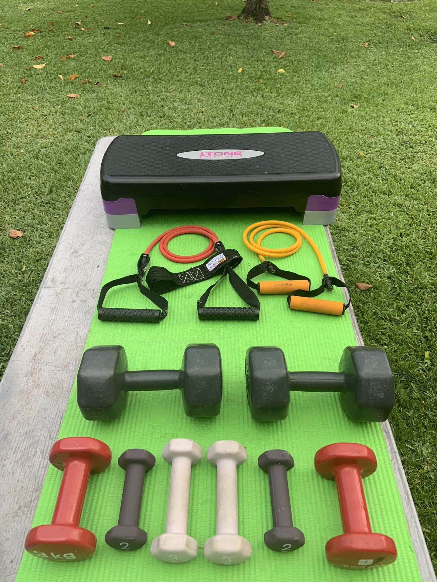 Dumbbells, Aerobic Stepper, and Resistance Bands 