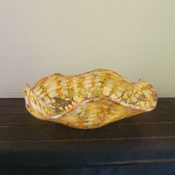Vintage Handblown Mottled Fused Glass Ruffled Bowl Yellow 6"