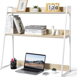 Brand New 2-Tier Desktop Bookshelf & Hutch - Fits Over Large Monitors - Modern Desk Organizer with Metal Frame - Vertical Storage for Small Desks, Hom