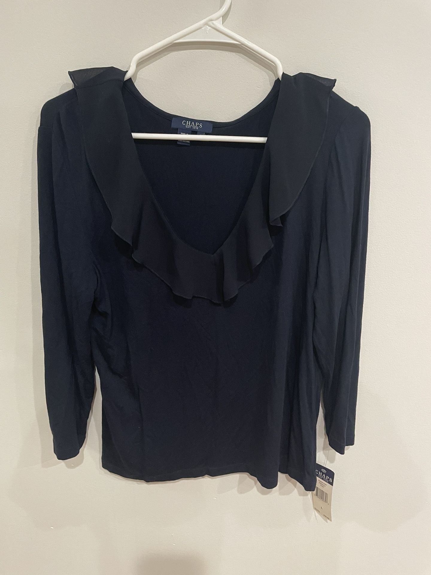 New With Tag Women’s Chaps Navy Blue Greenwich Size Large C Neck Ruffle Blouse