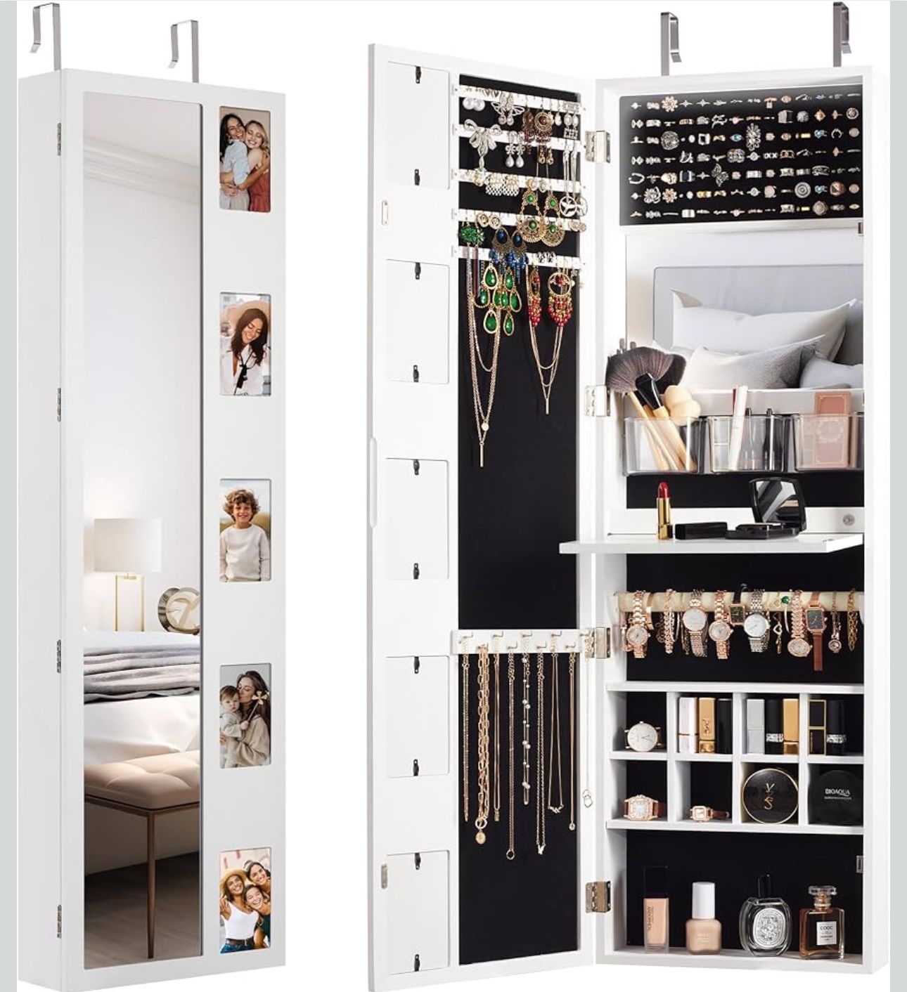 Jewelry Armoire Cabinet Organizer with Half-Length Mirror and Photo Frame, LED Jewelry Storage Cabinet Wall or Door Mounted, Built-in Mirror, Foldable