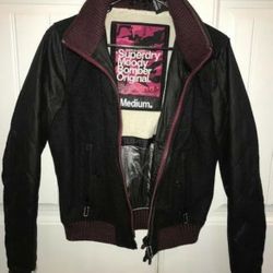 Genuine Superdry Black Maroon Moody Women Bomber Jacket Coat Mint Condition