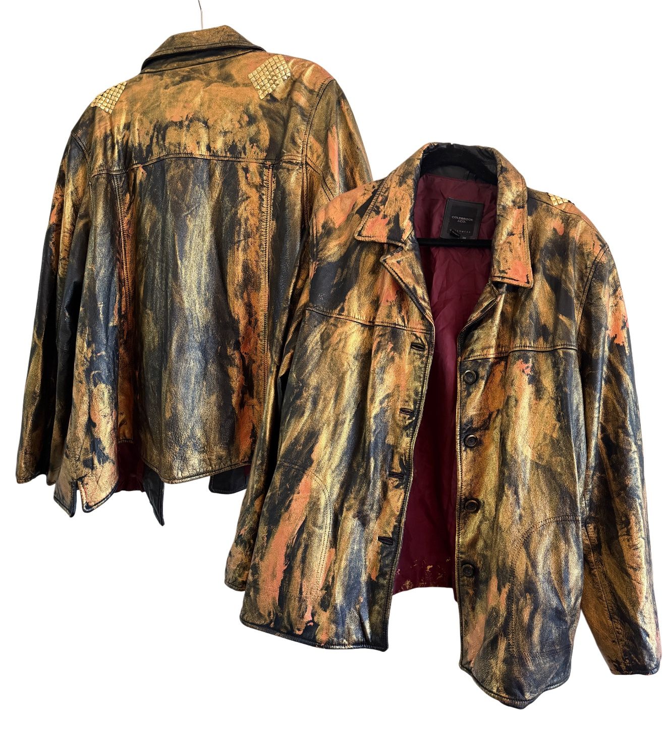 Handpainted Custom 100% Leather JACKET Sz 3XL Burning Man Festival Plus Size Women’s Gold Black