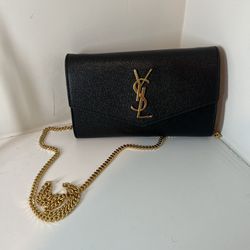 Saint Laurent Uptown Chain Wallet in Grain De Poudre Embossed Leather