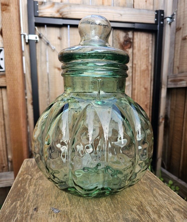 Green Glass Pumpkin Shaped Apothecary Jar w/ Lid - Made In Spain