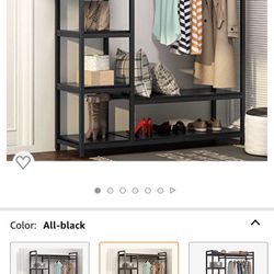 (NEW) Free -Standing Closet Organizer,Heavy Duty Closet Storage with 6 Shelves and Hanging Bar, Large Clothes Storage & Standing Garmen Rack, Black