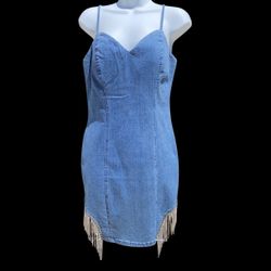 New Women’s Denim  Dress, Rhinestone Fringe, M/L