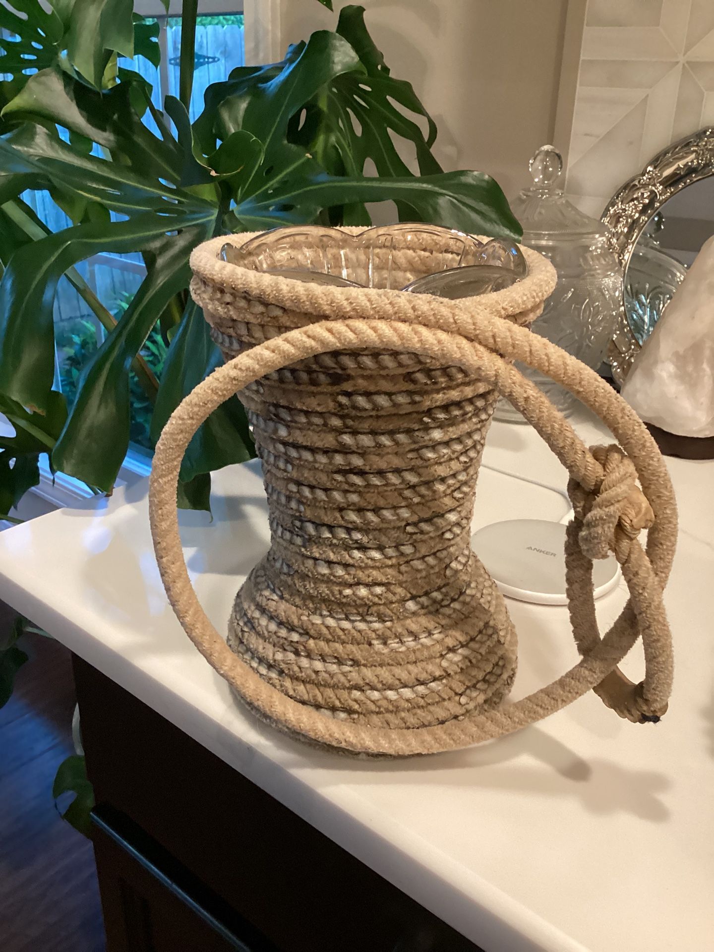 Cowboy Lasso Rope Art Vase (surrounding glass vase) 9”T (SEE PICS) serious inquiries only