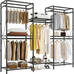 Wardrobe Organizer - Heavy Duty Clothes Rack with 5 Closet Rods & 6 Shelves, Adjustable for Hanging & Storage - 75.2''67.7'', Black