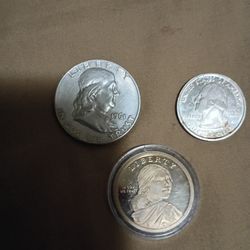 3 COIN SET 1961 P SILVER FRANKLIN HALF DOLLAR 2007 S SILVER PROOF QUARTER 2021 S PROOF SACAGAWEA.