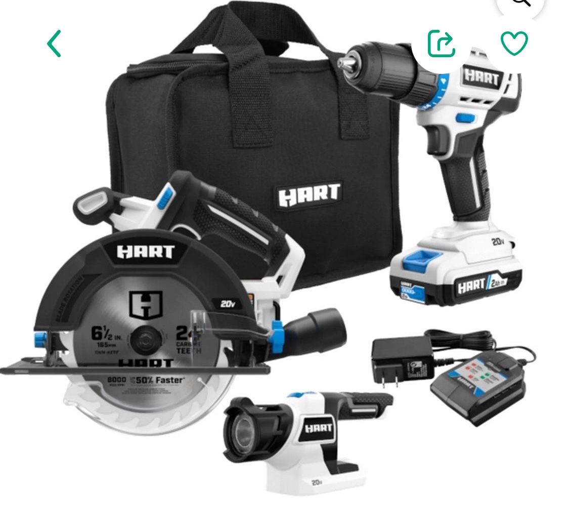 HART 20V 3-Tool Combo Kit, Drill, 6-1/2" Circular Saw, and LED Light 1 Each