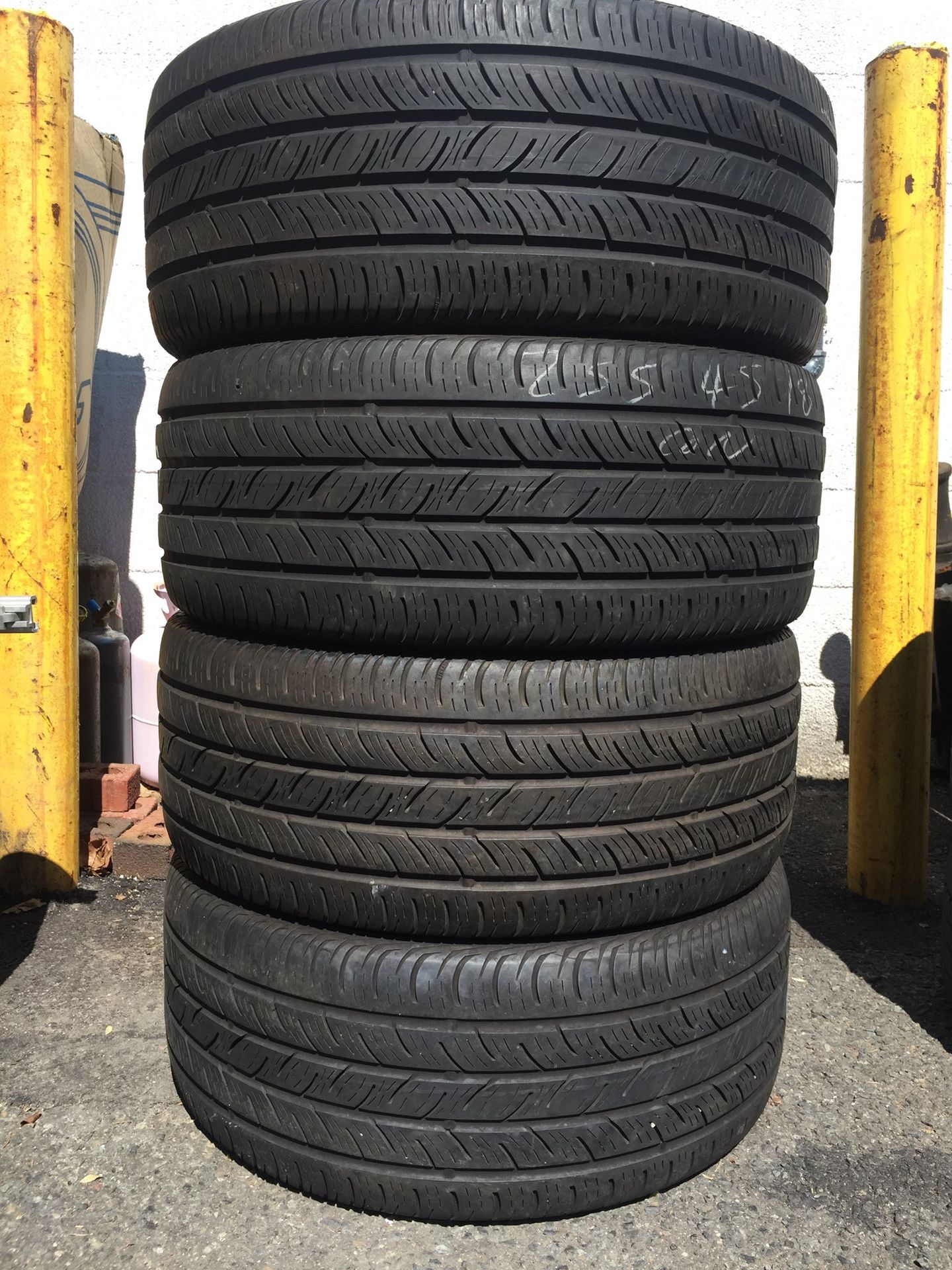 255/45/18 continental set of used tires in great condition 70% tread 225$ for 4 . Installation balance and alignment available. Road force balance a