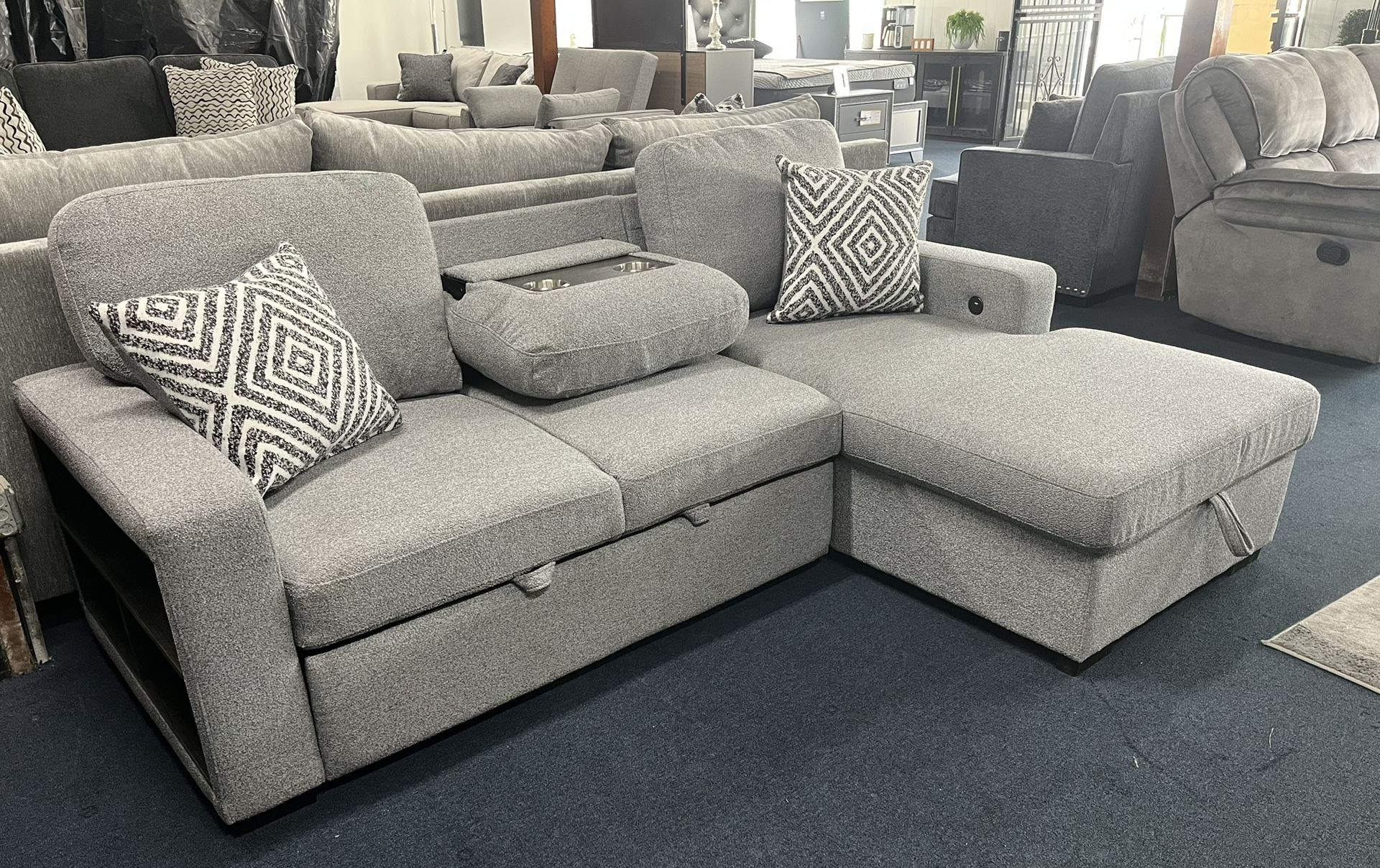 Light Grey Sleeper Sectional W/ Storage 