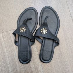 Tory Burch Jolie Flat Thong Sandals - size 6.5, Tumbled Black Leather with Gold T Logo 
