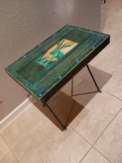 Unique green side table with rabbit