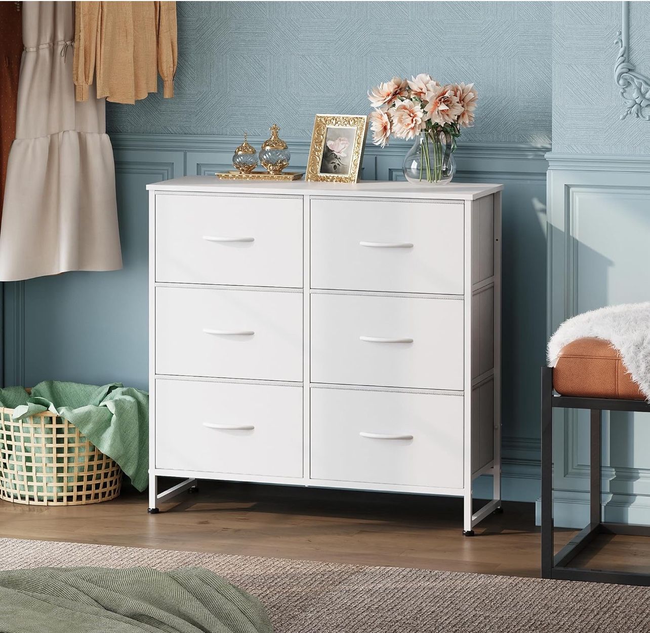 White Dresser for Bedroom, 6 Drawer Double Dresser, Fabric Storage W(27)