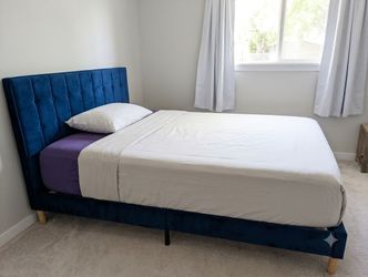 LIKIMIO Queen Bed Frame – Royal Blue Velvet Upholstered Platform Bed