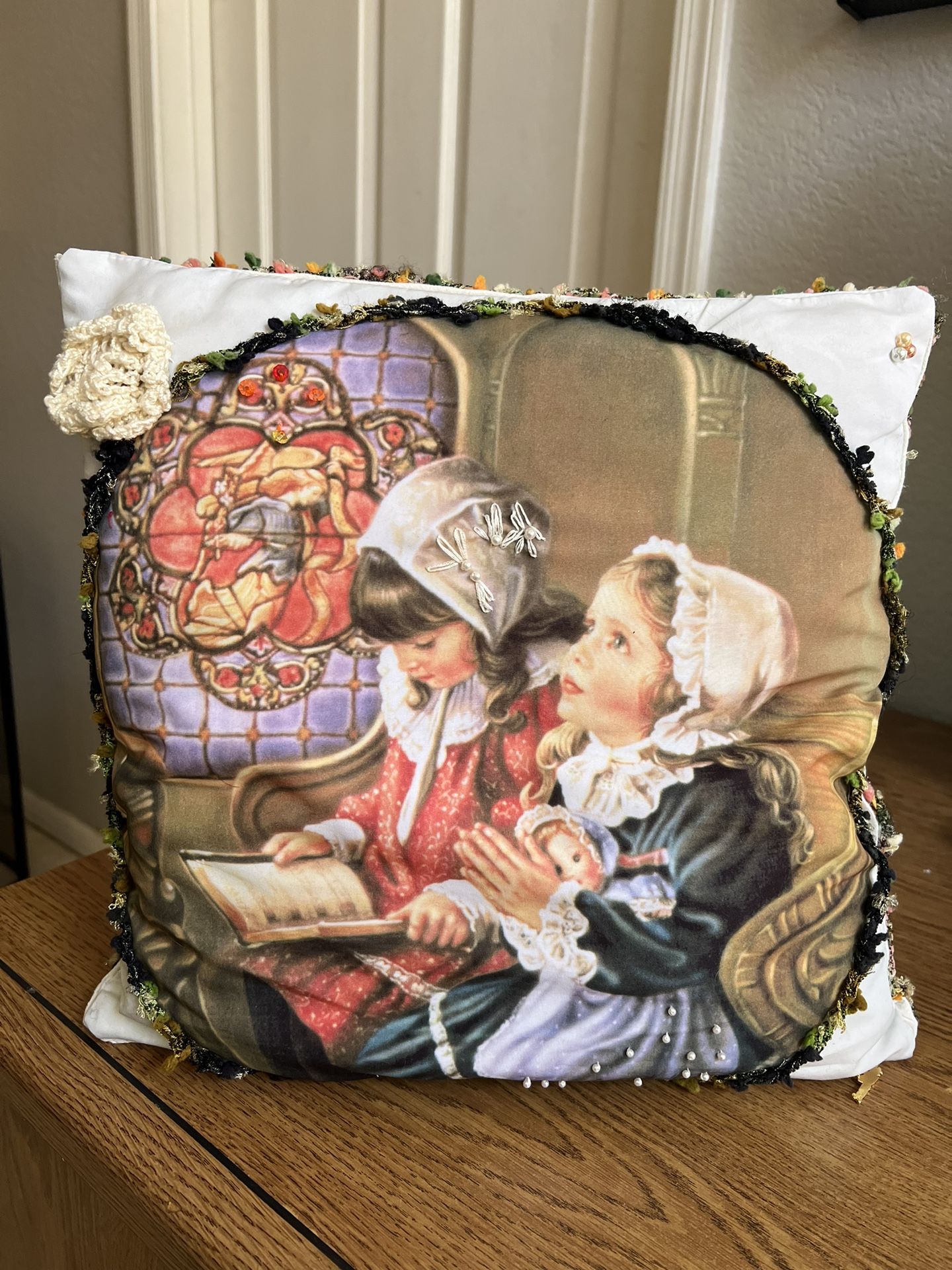 Vintage OOAK 14x14" Square Handmade Pillow Featuring Praying Girls Felt Trim