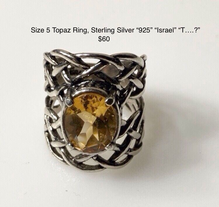 Size 5 Topaz Ring, Sterling Silver “925” “Israel”