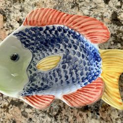 Vintage, collectible hand-painted Earthenware/Ceramic with a glossy glaze serving dish shaped like a fish