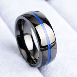 New Polished Stainless Steel Thin Blue Line Ring Police Law Enforcement 