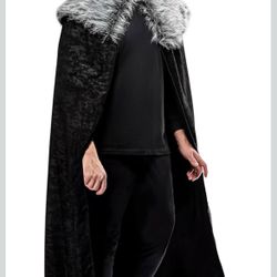 Black Viking Medieval Fantasy Full Length Hooded Cape w/Faux Fur Collar One Size