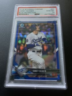 World Series MVP. Corey Seager - 2018 Bowman Chrome Blue Refractor PSA 10. Limited 57/150
