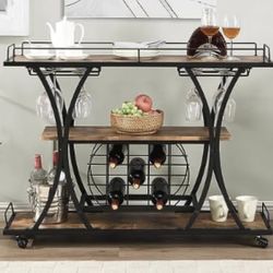Bar Serving Cart with 16Glass Holder and 11Wine Rack, Storage Space