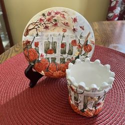 Yankee Candle Pumpkin & Picked Fence Votive Holder & Plate