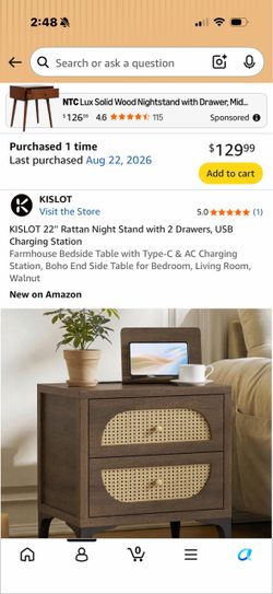 One, brand new in box Rattan 2-Drawer Nightstand w/ USB & Charging Station – Walnut