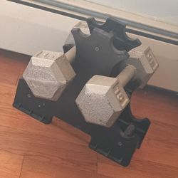 A Set Of 15 Lb Dumbbells Plus Stand