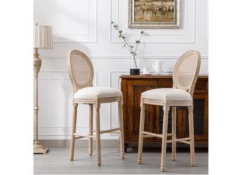 French Country Bar Stools Set of 2, 30 Inch Rattan Counter Stools Solid Wood Frame and Linen Upholstered Seating, Stylish Farmhouse Design, Ideal for 