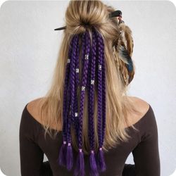 Purple Braided Hair Extensions Ponytail Metal Dread Bead Accents Festival Boho