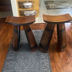 Two Handcrafted Teak Wood African Heritage Accent Stools One Need Repair 