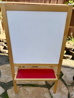 Kids’ Wooden Easel – Whiteboard & Chalkboard – $5