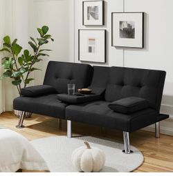 Black Fabric Futon Sofa with Cup Holders