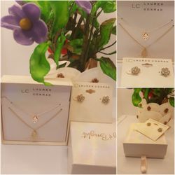 Lauren Conrad set of 3 NEW ITEMS, 2 Necklaces Gold and Silver 16"inches long, & Beautiful crystal Earrings, all New with box
