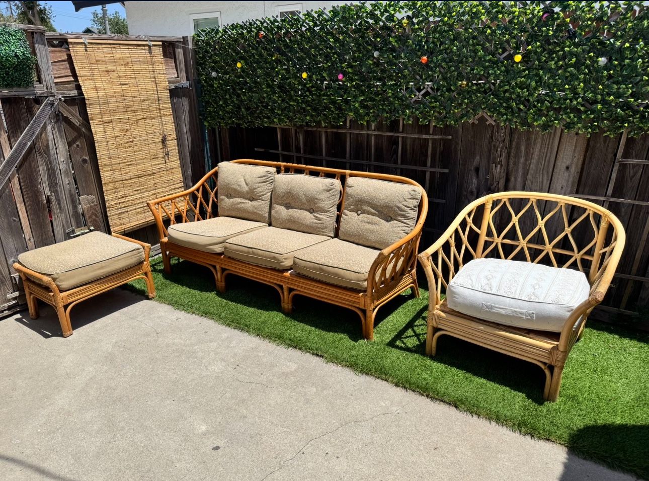 Vintage Bamboo Rattan Couch Chair And Ottoman Set Tiki