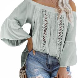 Crochet Lace Off The Shoulder Tunic Blouse for Women Casual Loose Shirts
