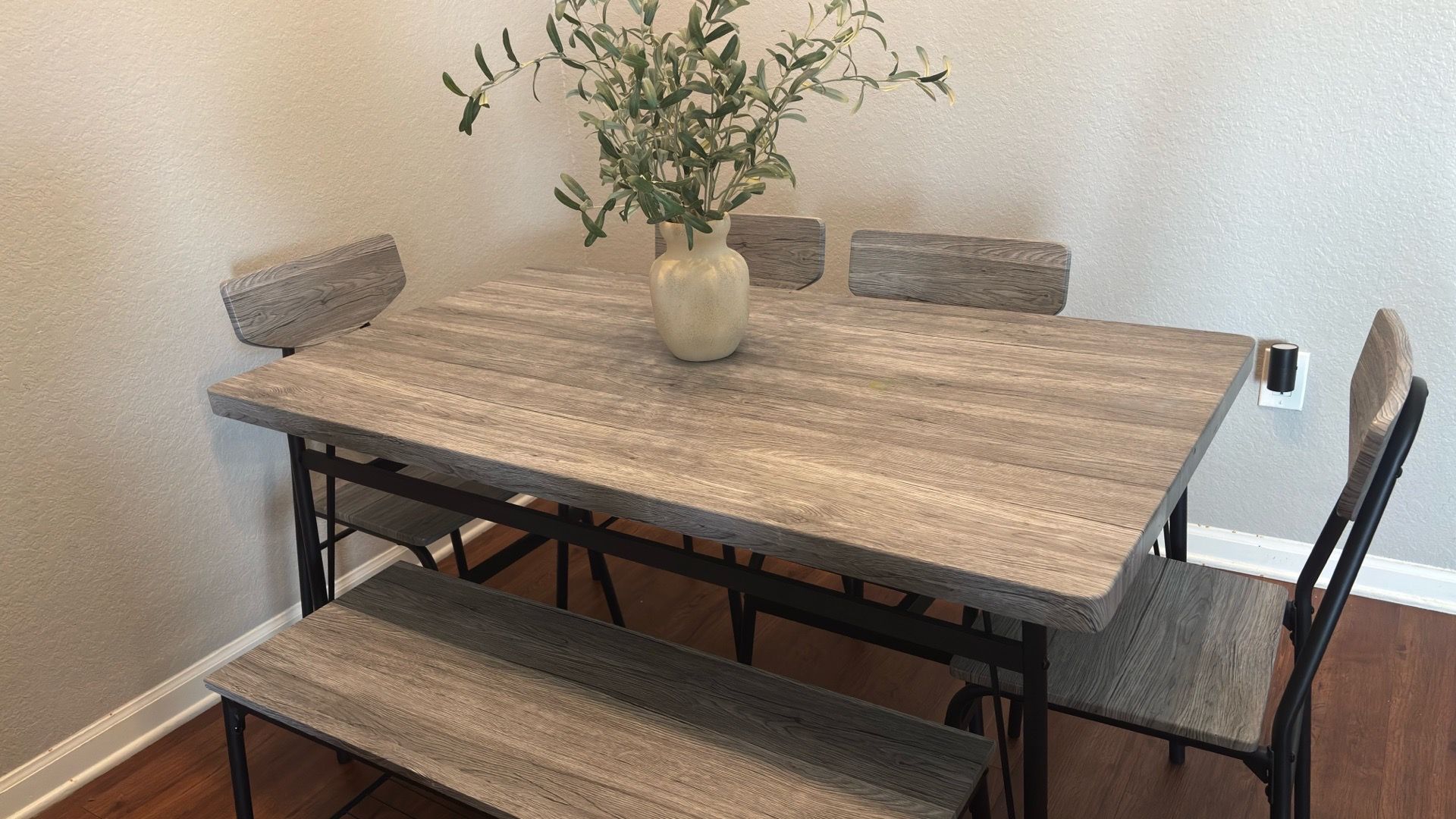 Dining table four chairs and bench