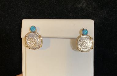 Atocha coin in gold bezel earring with opal stud post