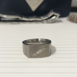 Brushed Metal Ring with Diagonal Crystal Detail