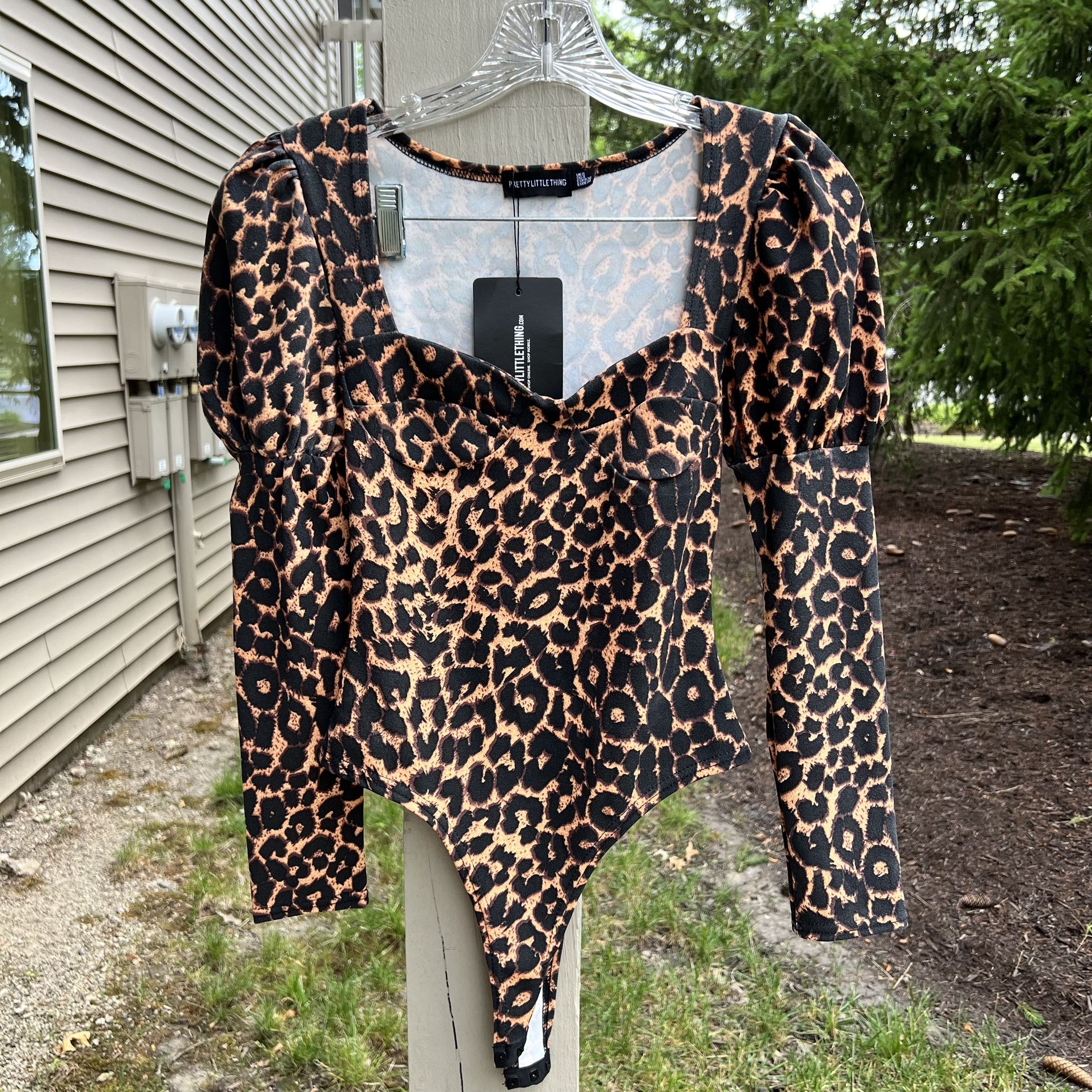 Tan Leopard Crepe Puff Sleeve Square Neck Bodysuit